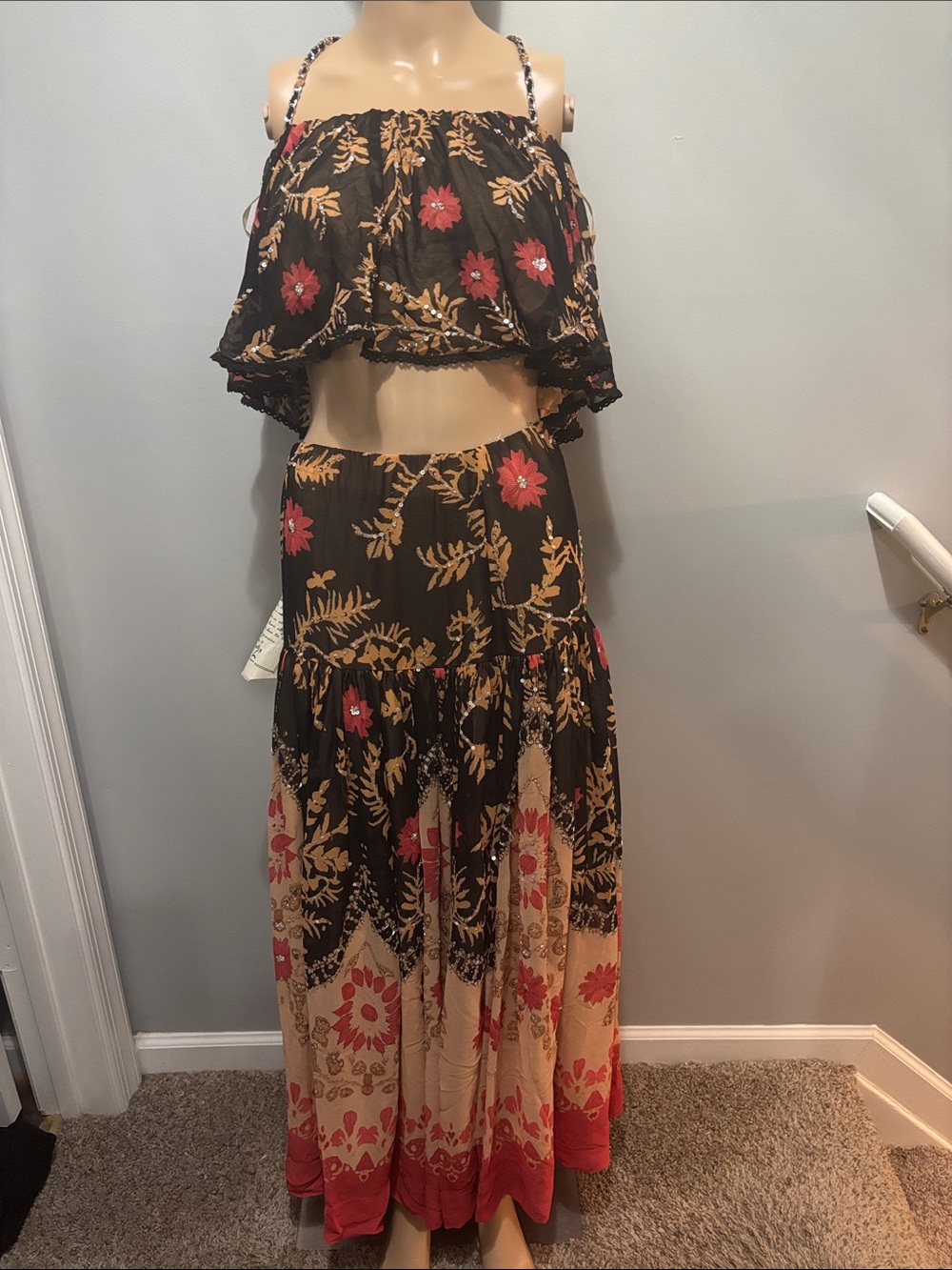 Boho Floral Tiered Maxi Skirt and top - Black and Beige with Red Accents.